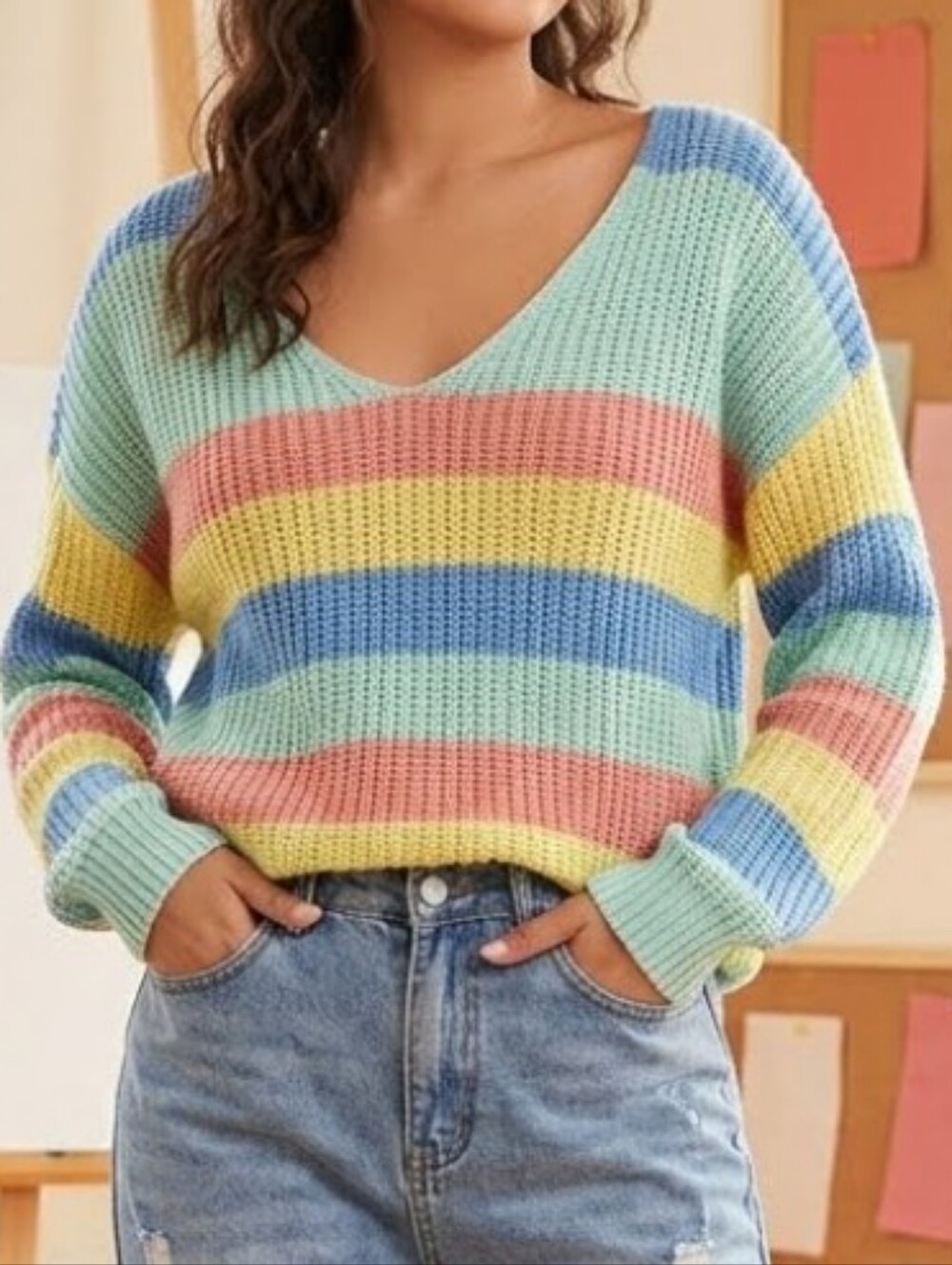 SHEIN Pastel Stripe Knit Sweater in Yellow, Blue, Pink, Mint